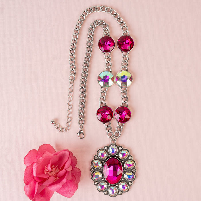 1244 - Crystal Pendant Necklace - Fuchsia