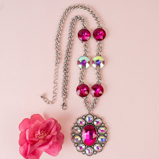 1244 - Crystal Pendant Necklace - Fuchsia