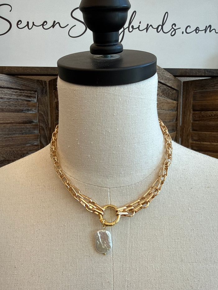 Gold-plated chunky chain necklace with pearl-like drop charm
