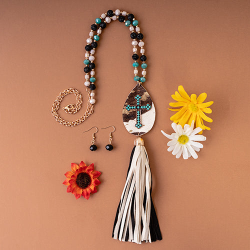 72793 - Squash Blossom Animal Hide Cross Necklace - Black