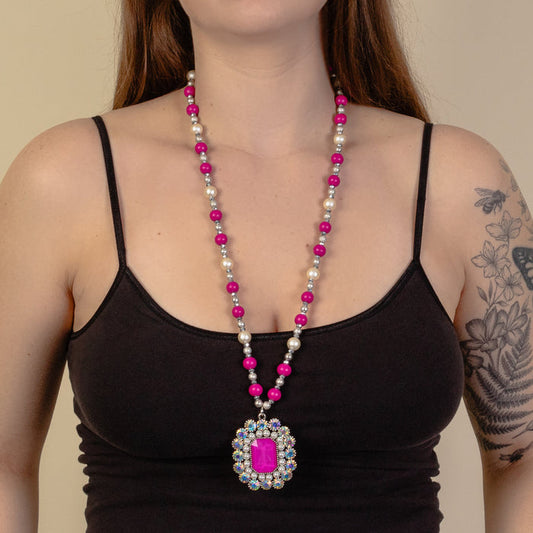 92063 - Crystal Pendant Necklace - Fuchsia
