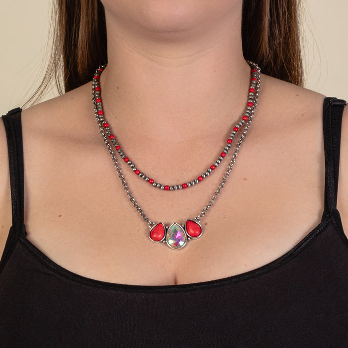 92108 - Layered Squash Blossom Necklace - Red