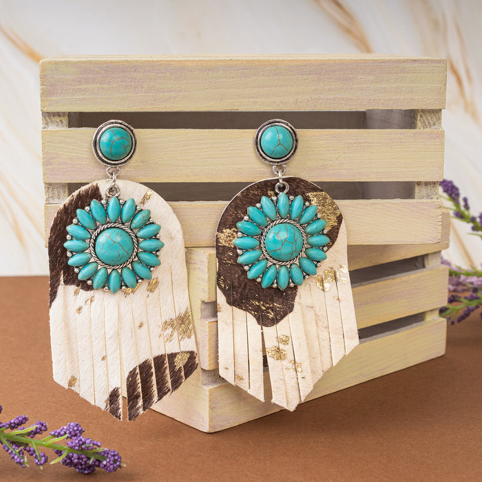93050 - Squash Blossom Animal Hide Earrings - White & Gold