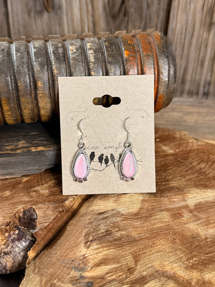 Pink teardrop fishhook earrings with silver filigree and small blue bead accents