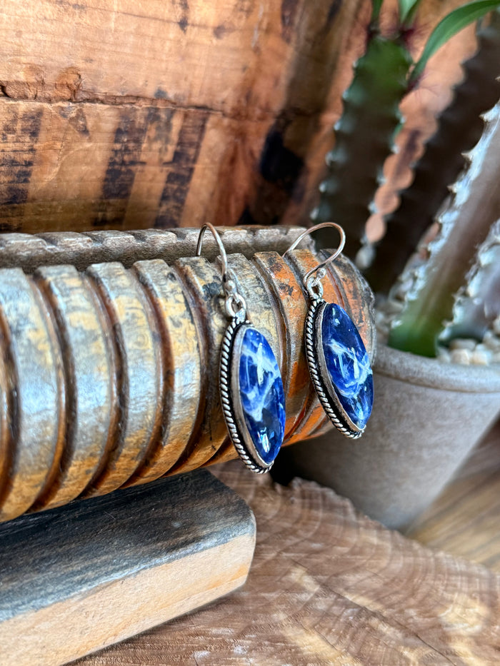 Pair of blue oval sodalite fishhook earrings, angled side view in silver-tone metal.