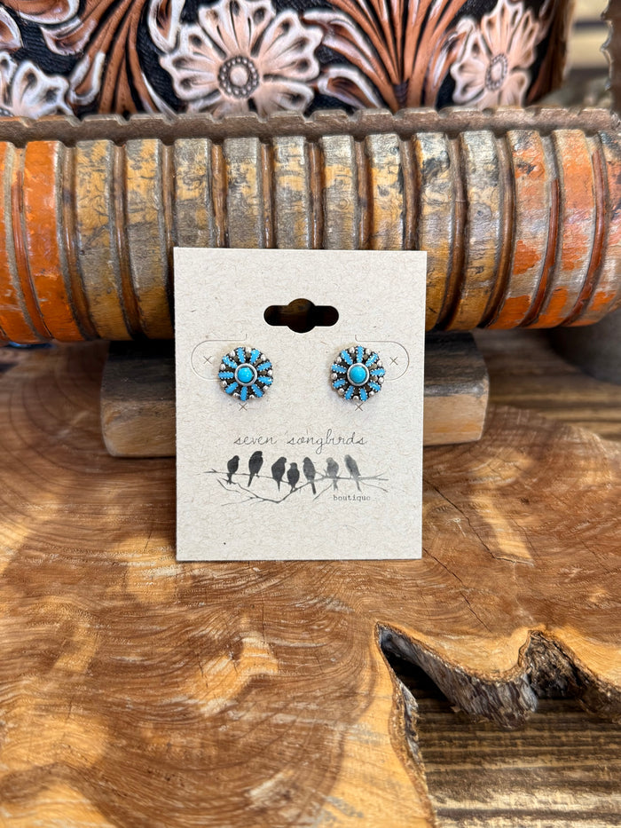 Turquoise flower stud earrings with silver-tone circular filigree, set of 2