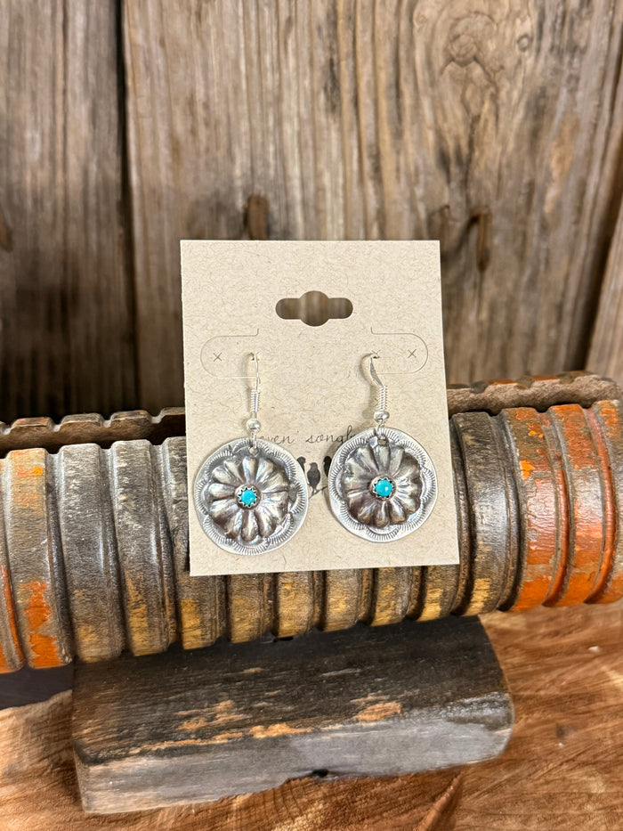Turquoise concho fishhook earrings, round silver discs with blue center stones
