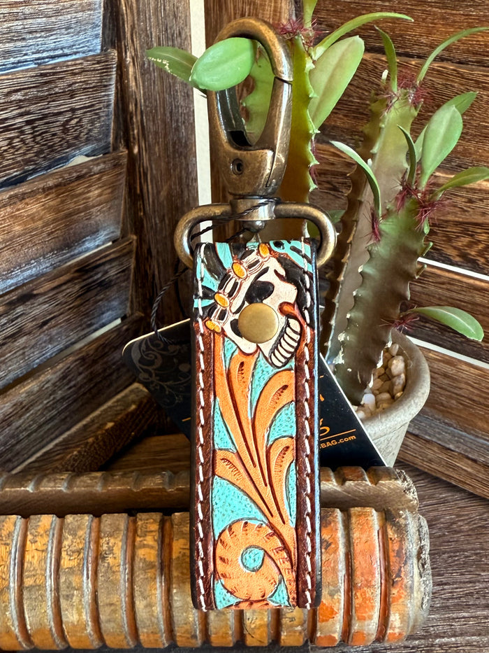 Turquoise and orange tooled leather keychain, brass snap ring, decorative concho