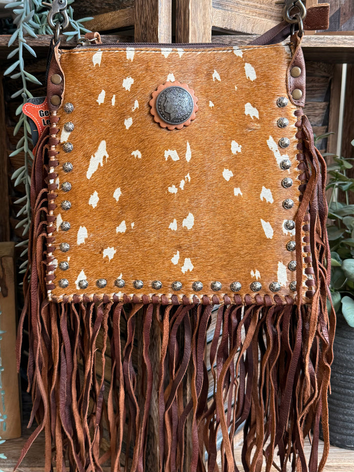Fringed deer-print cowhide coin crossbody purse, concho front with silver stud trim