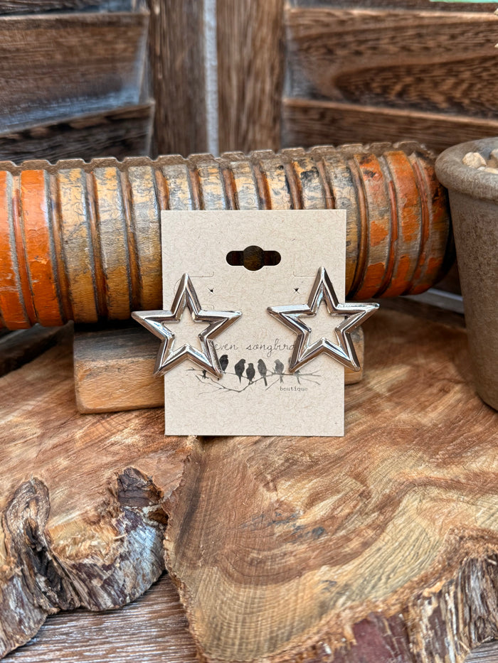 Silver star stainless steel stud earrings with two star shapes on display card