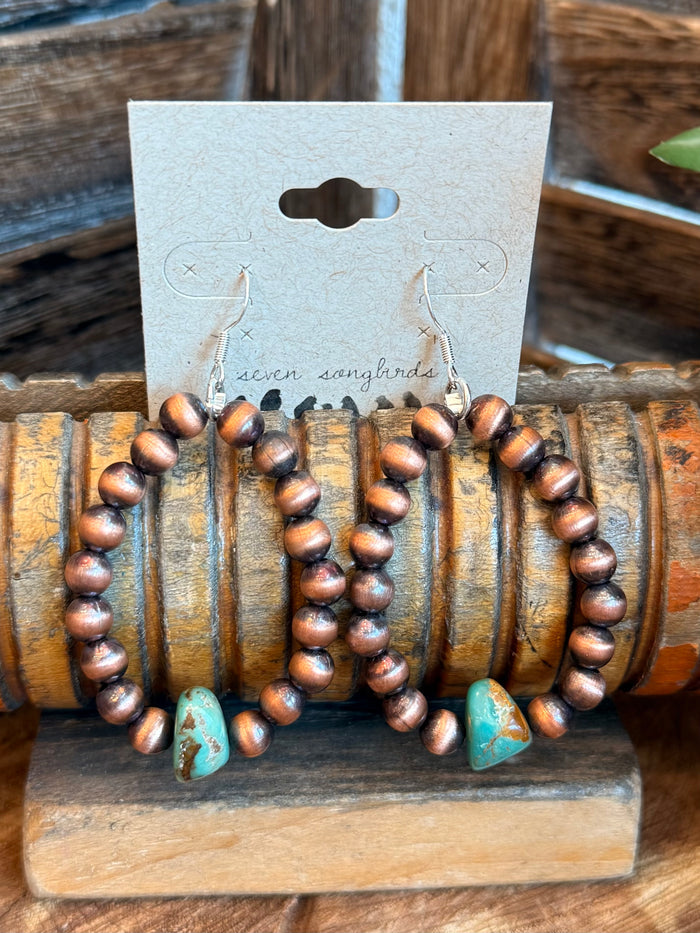 Copper beaded teardrop hoop earrings with turquoise drop accents