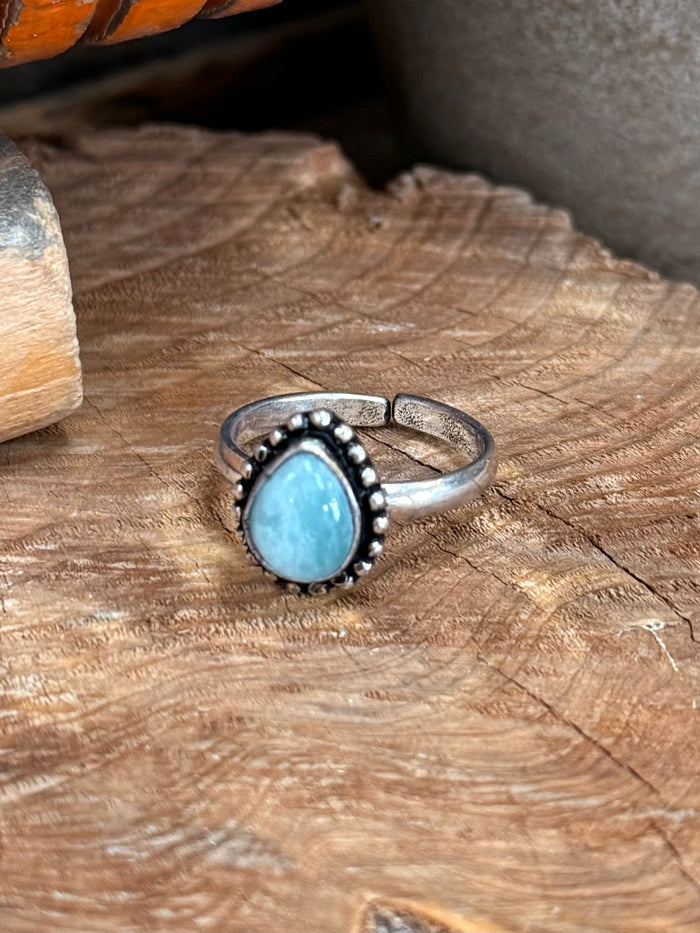 Silver-tone adjustable ring with oval blue stone, black border and textured bezel