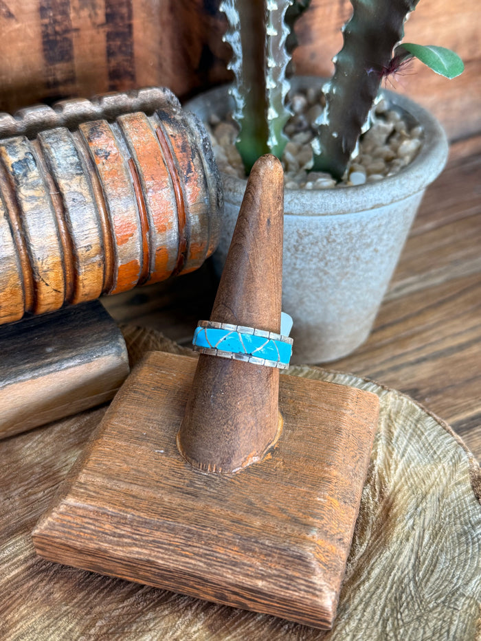 Turquoise inlay ring with silver band and blue stone accents