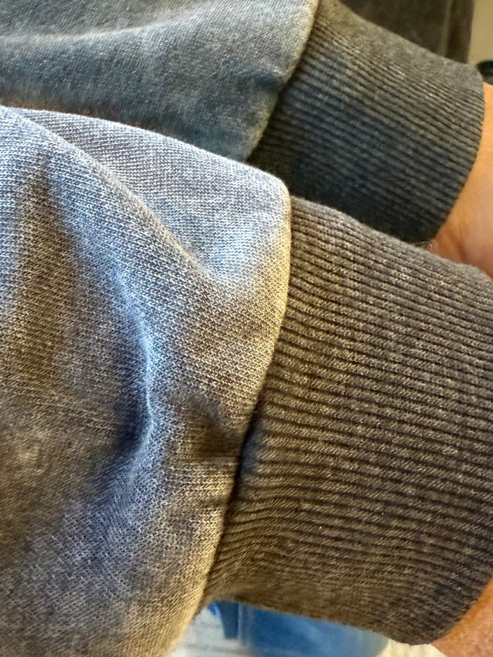Mineral-washed french terry shirt with ribbed knit cuff detail, dark charcoal