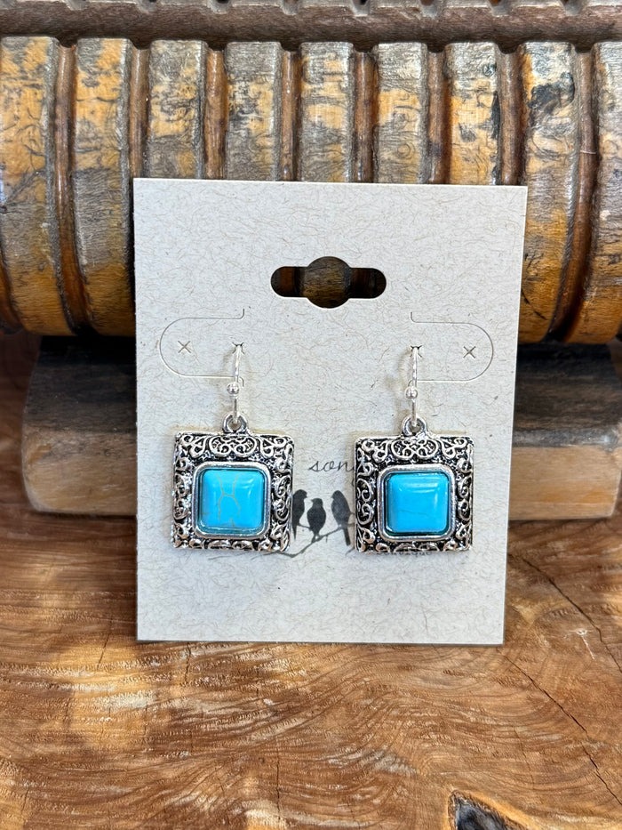 Silver-tone square filigree fishhook earrings with bright turquoise square stones