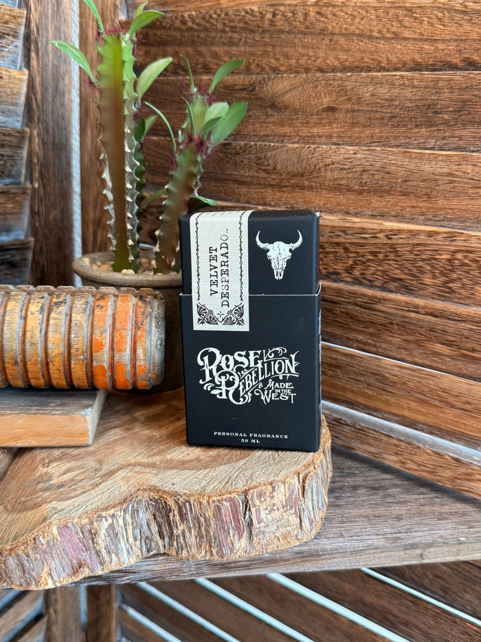50 mL Velvet Desperado personal fragrance box, black with white bull head