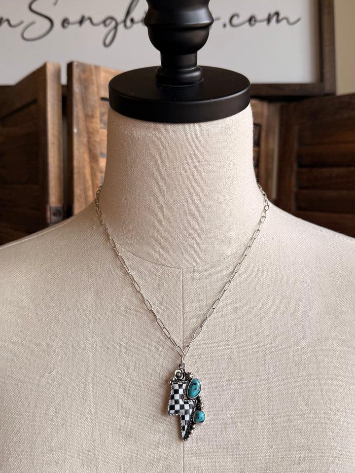 18-inch checkered lightning bolt pendant necklace with turquoise cabochons on silver chain