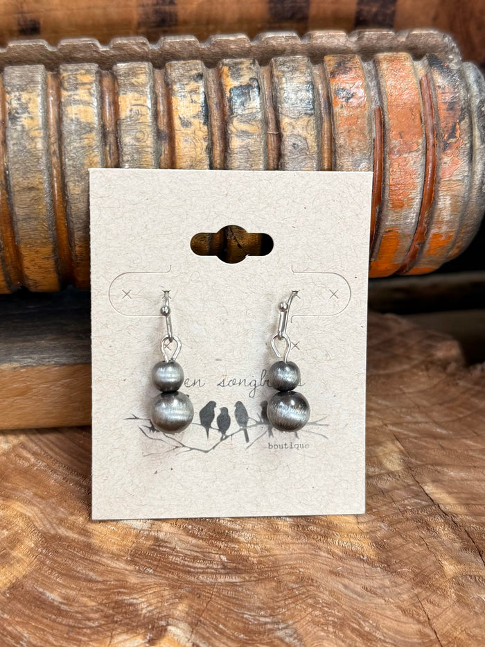 Silver-tone mini dangle earrings on card: two-tier round drop beads, fishhook style