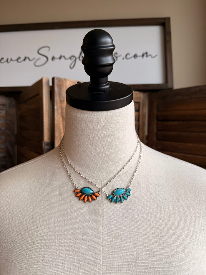Turquoise fan bar necklace with silver chain and two matching fan pendants