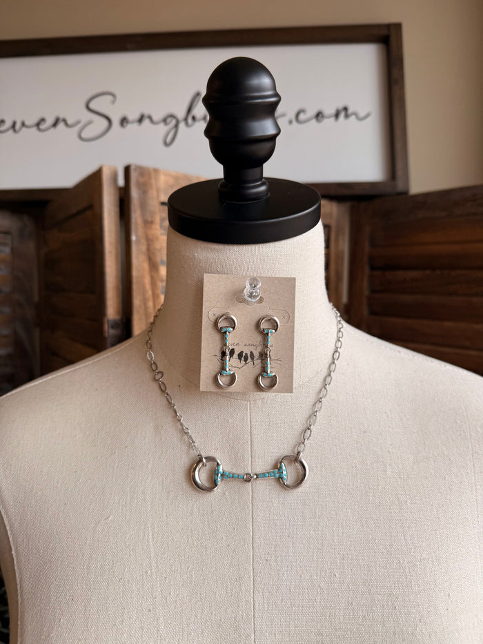 Silver-tone necklace with turquoise-accent snaffle bit pendant plus stud earrings