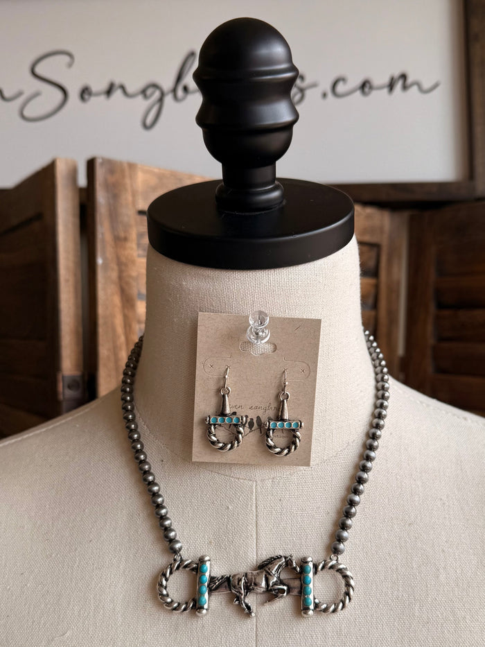 Turquoise rope horse snaffle bit necklace with turquoise-accented dangle earrings