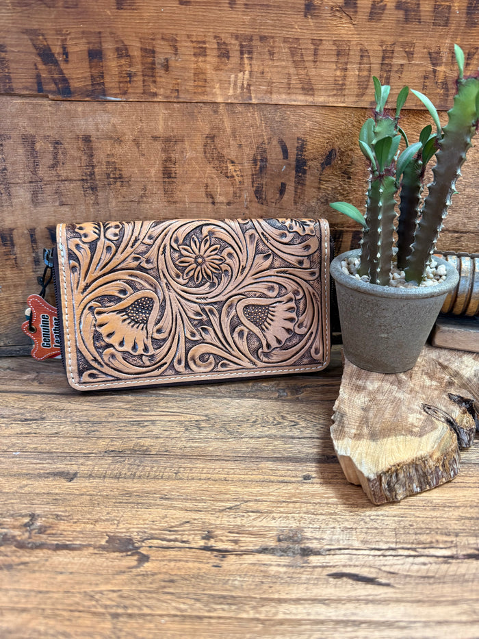 Tooled leather zip-around wallet with floral and animal embossing, stitched edges