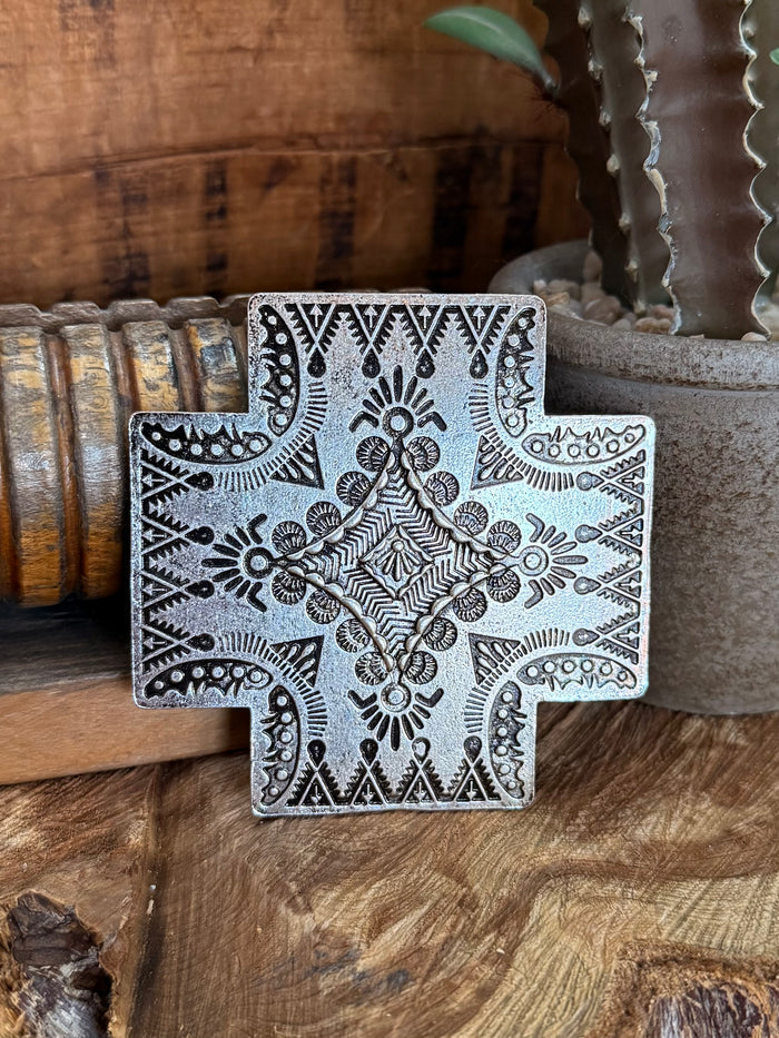 Cross belt buckle, silver-toned metal with detailed engraved geometric floral design