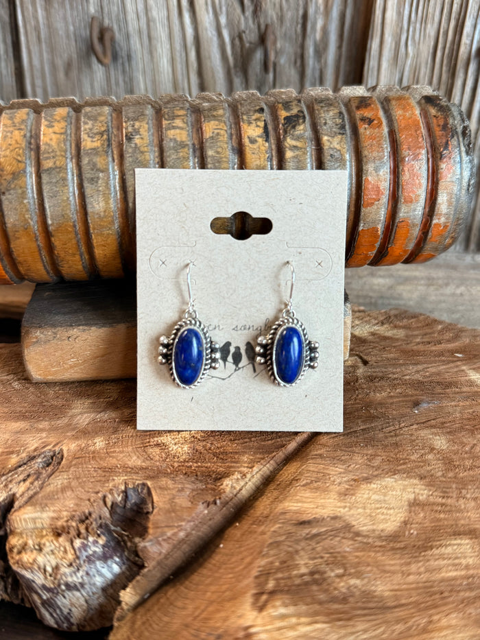 Sterling silver fishhook earrings with oval blue lapis stones, dangling on card.
