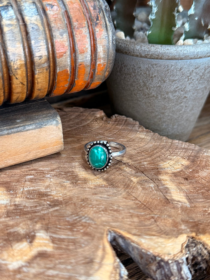 Silver-toned adjustable ring with round turquoise malachite-look stone and beaded halo