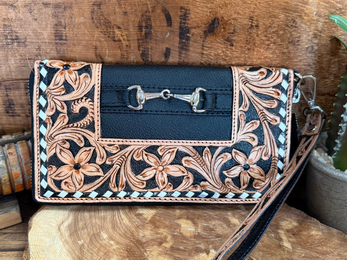 Floral tooled leather wristlet wallet with dark center panel and metal chain strap