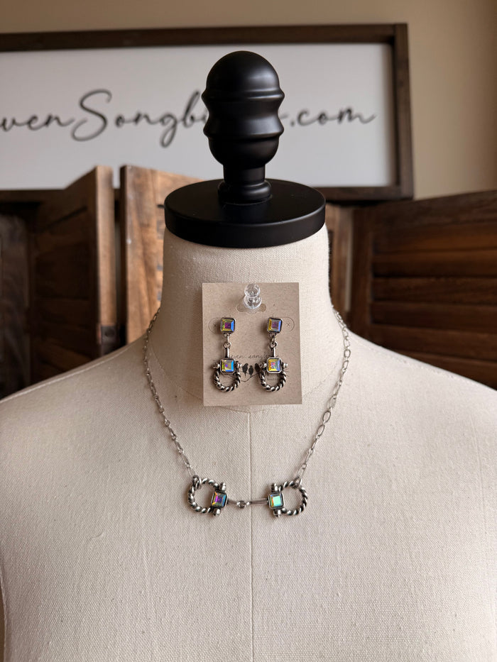 Silver-tone snaffle bit necklace with matching multicolor charm earrings set