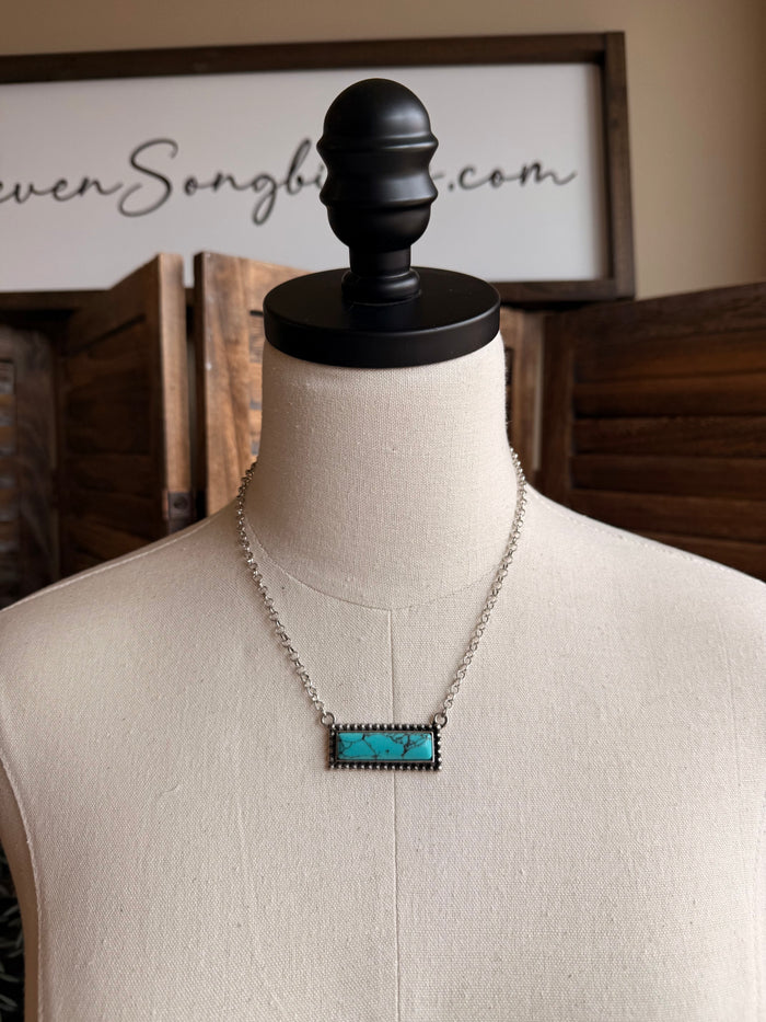 Turquoise bar necklace with silver chain and rectangular turquoise pendant