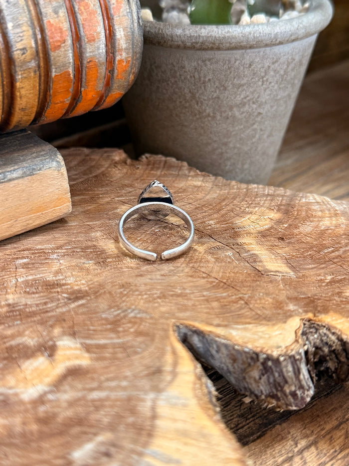 Silver-tone open adjustable band ring, back view