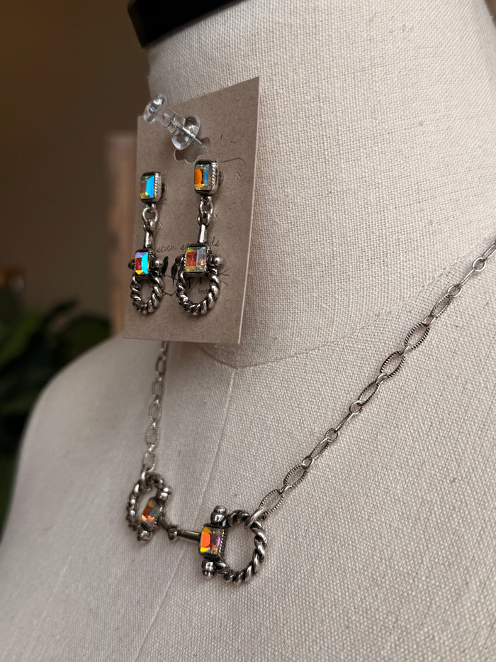 Multicolor snaffle bit charm drop earrings with silver-tone necklace chain