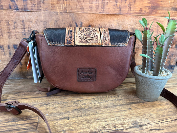 Tooled mini crossbody purse with American Darling patch, brown leather front