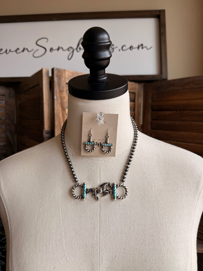 Turquoise rope horse snaffle bit necklace with matching hoop earrings, silver-tone