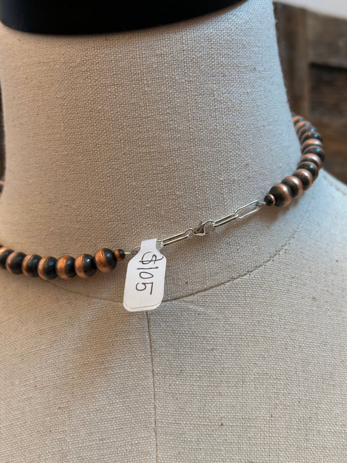 Copper bead necklace with lobster clasp and engraved charm tag