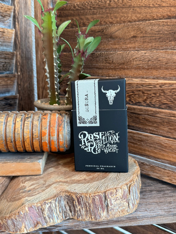 Soñora 50mL perfume box with western skull graphic