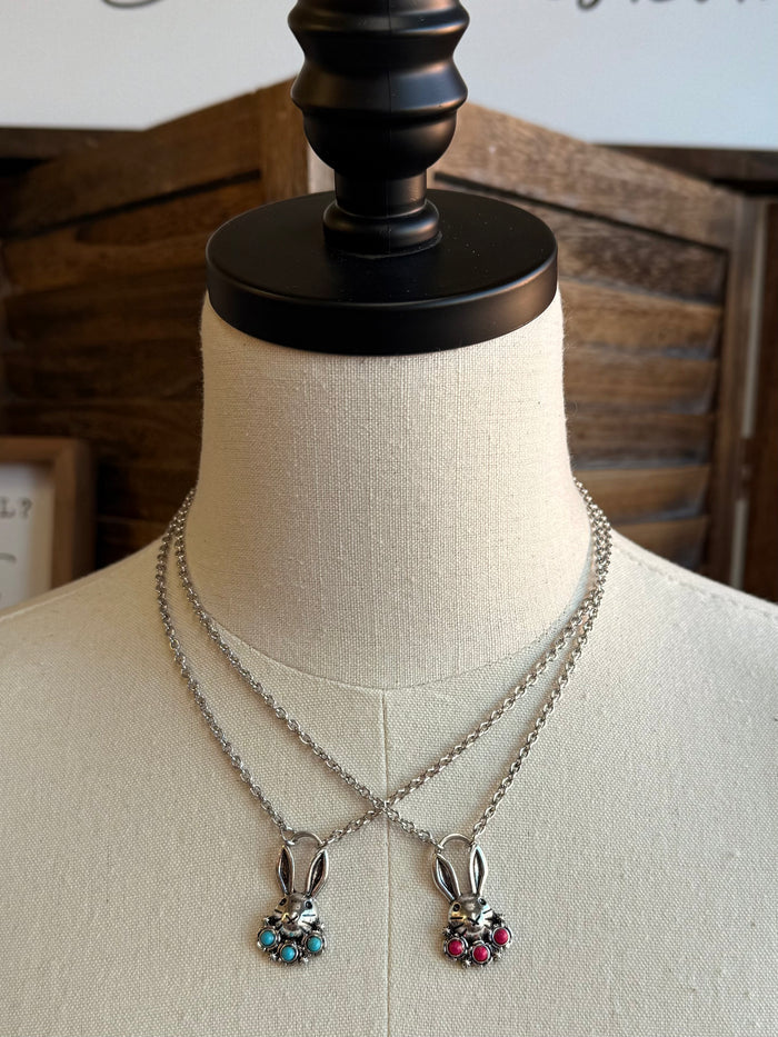 Bunny necklace with stone, silver chain and two bunny charms with turquoise and pink stones