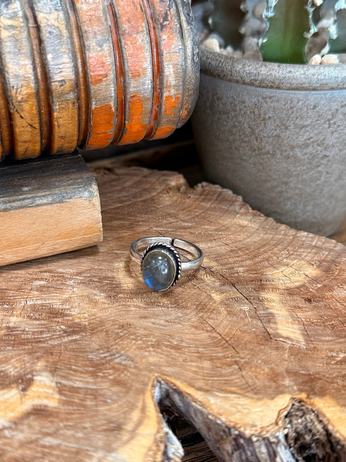 Silver-plated adjustable ring with bezel-set blue natural stone, wire beaded border
