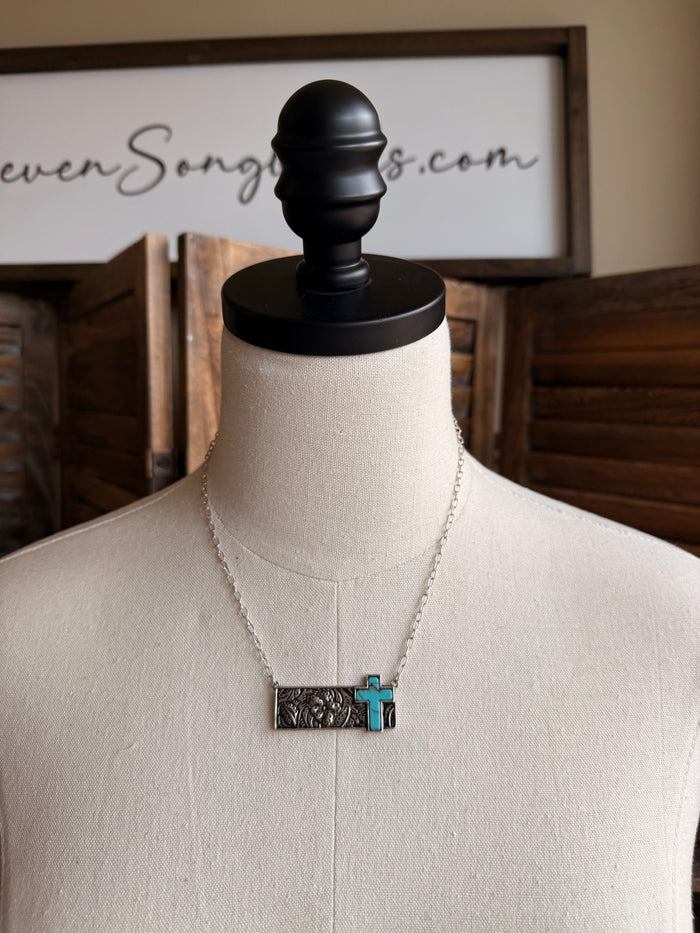 18-inch turquoise bar cross necklace with silver pendant and chain