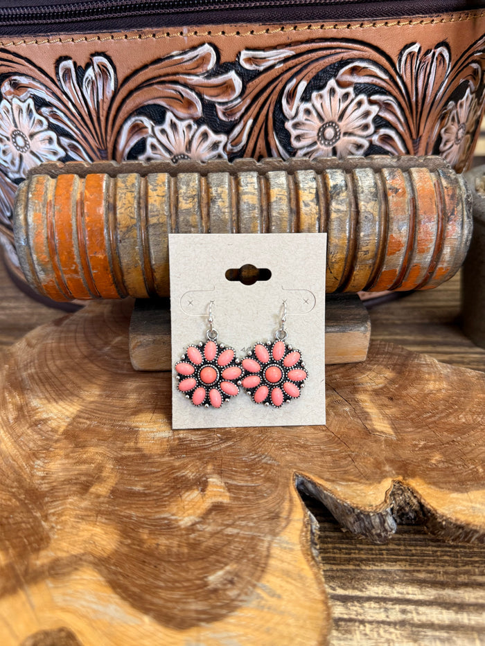 Pink flower fishhook earrings with coral petals and dangling fishhook drops