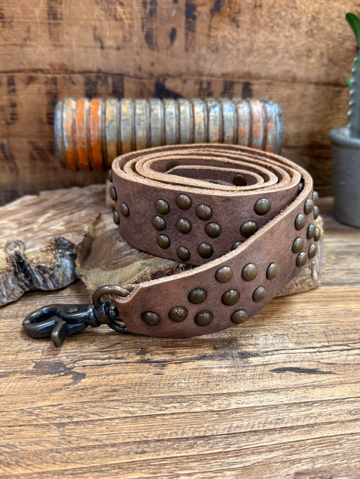 Brown leather purse strap with brass studs and D-ring metal clasp