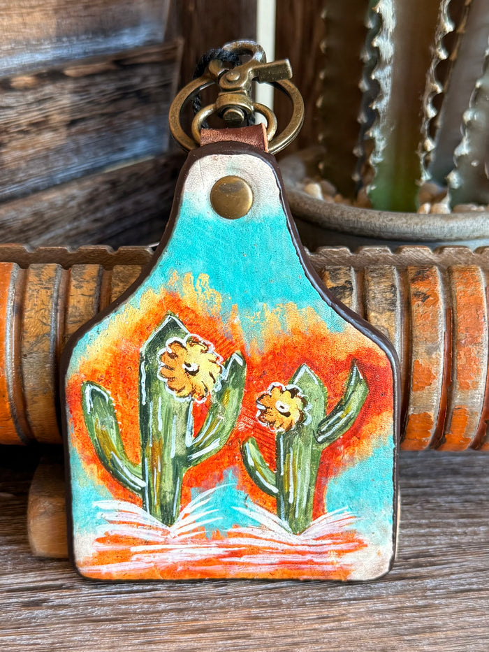 Turquoise cactus leather keychain, painted flowers and two cacti, brass ring and clip
