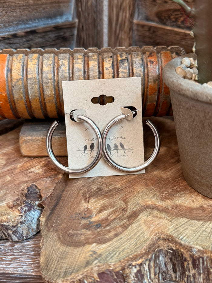 Silver stainless steel hoop earrings with small stud post and circular hoop design.
