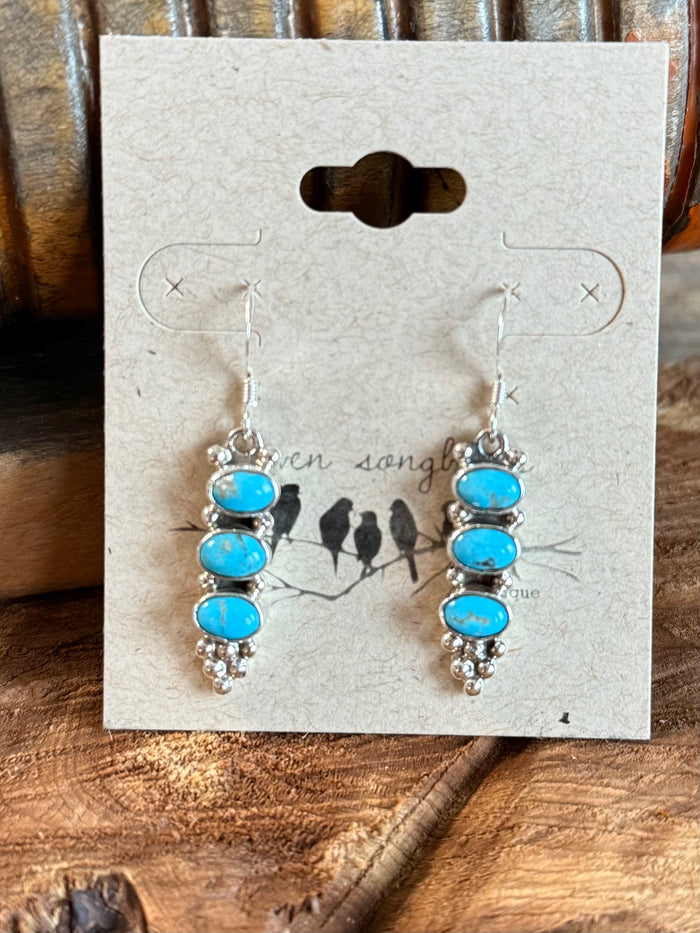 Turquoise oval bead cluster drop earrings, silver-tone French hooks, stacked 3 stones