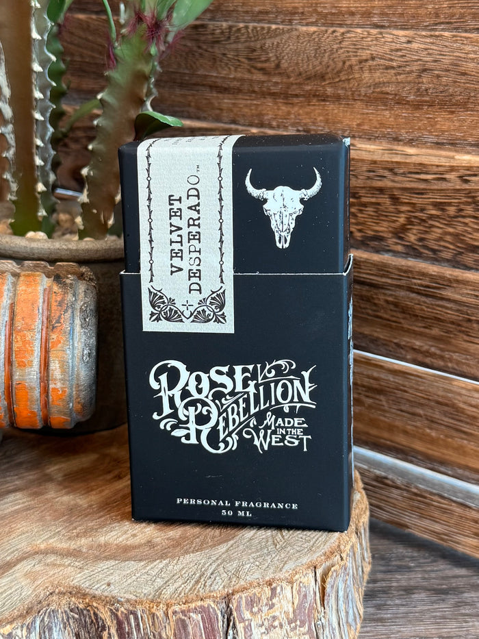 50 mL Velvet Desperado perfume box, black with white bull icon and ornate lettering