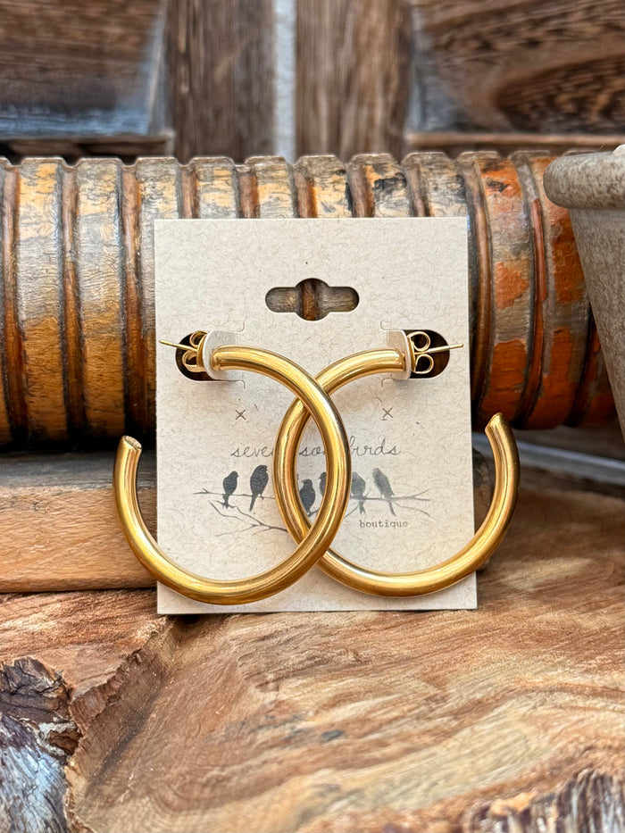 Gold-plated hoop stud earrings, polished circular hoops with short post details