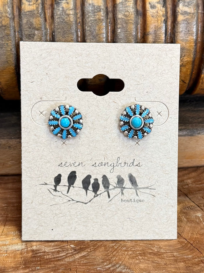 Turquoise flower stud earrings with silver-tone round filigree and blue center stones