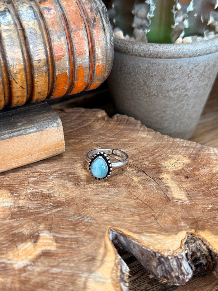 Adjustable silver-tone ring with oval blue natural stone and dark bezel setting
